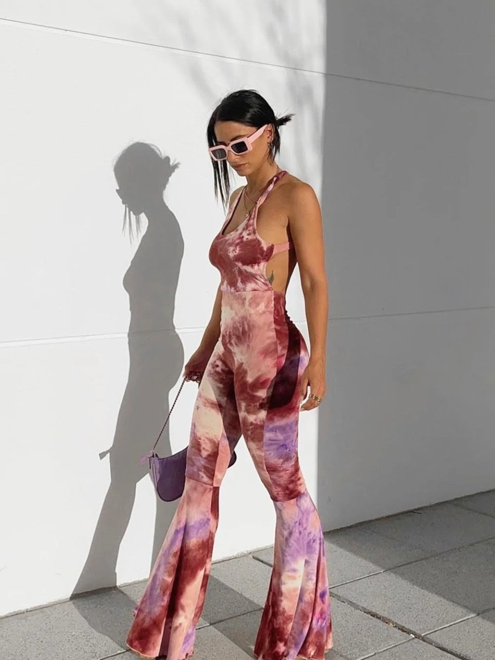 Fashion Nova Mauve Pink & Purple Tie-Dye Halter Flared Jumpsuit NEW